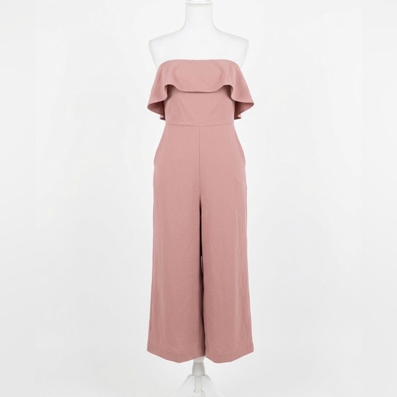 Babaton Pants - Babaton Strapless Ruffle Flutter Wide-Leg Jumpsuit in Dusty Pink Mauve Size 8